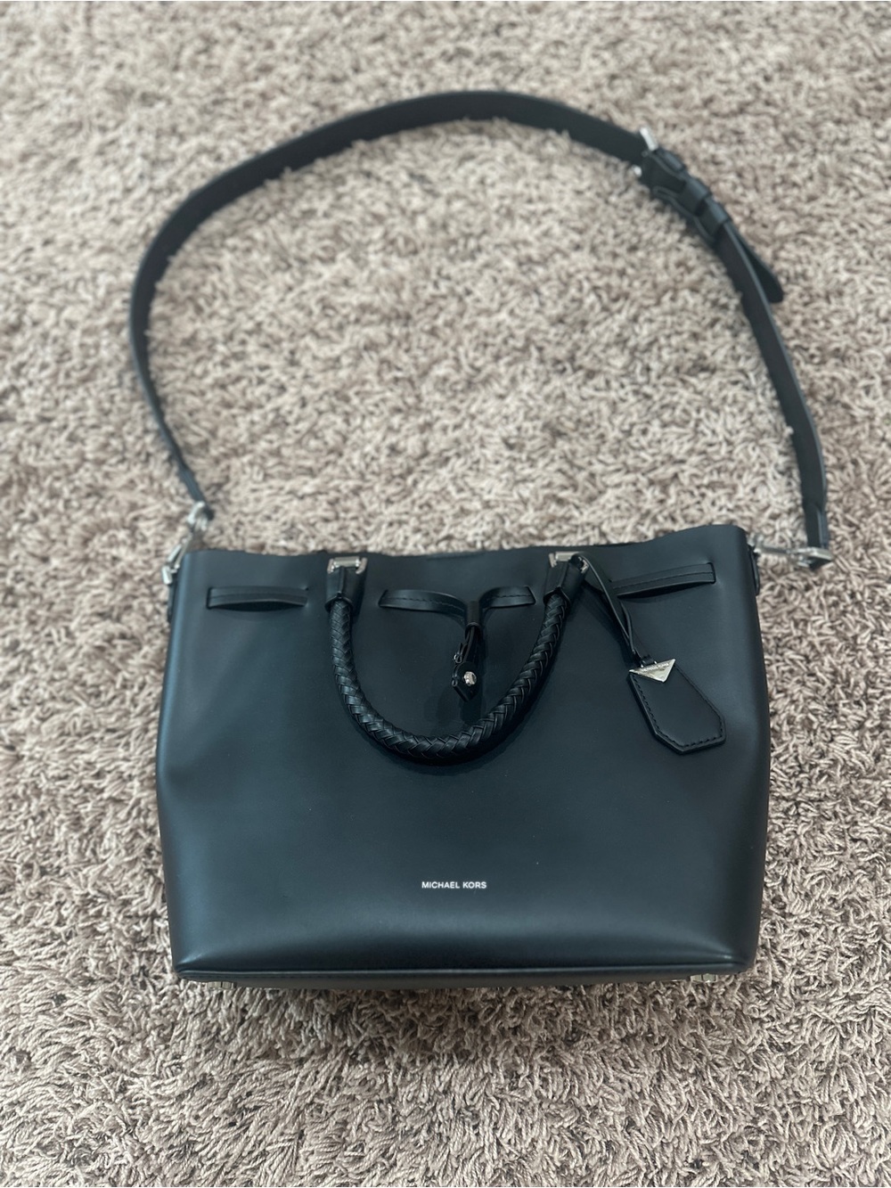 Michael Kors Black Leather Satchel with Braided Top Handles